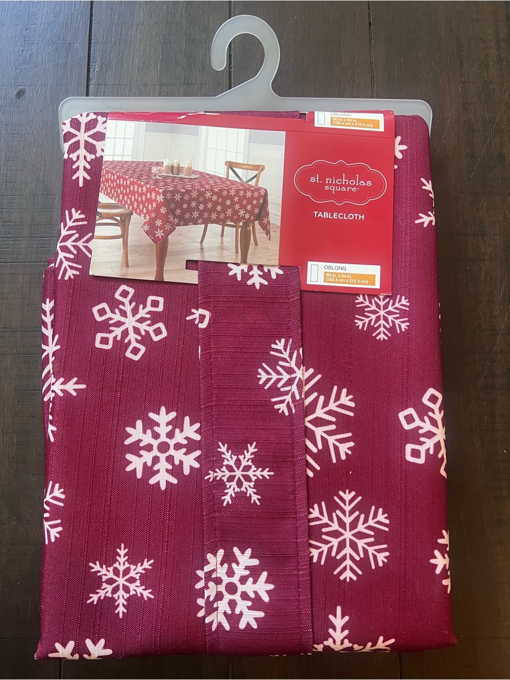 St. Nicholas Square Maroon Tablecloth with White Snowflakes
